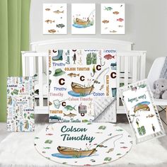 a baby's room with a white crib, green curtains and pictures on the wall