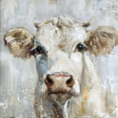 a painting of a cow with black eyes