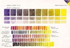 the color chart for different shades of purple, yellow and green is shown in this drawing