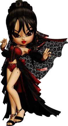 a cartoon girl dressed in black and red is posing for the camera with her hand on her hip