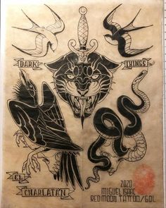 an old school tattoo design with birds and snakes