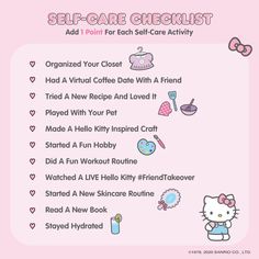 Sanrio Activities, Hello Kitty Self Care, Self Care Checklist, Fun Hobbies, Inner Child, Super Sweet