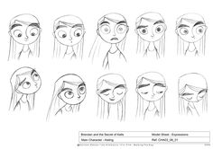 an animation character's head and various facial expressions, drawn in pencil on paper