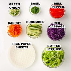 different types of vegetables and their names in bowls on a white surface with words above them