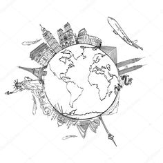 an airplane flying around the earth with buildings and other things around it in black and white