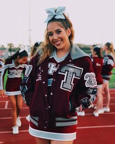 Letterman Jacket Ideas, Cheer Jackets, Prom Jacket, Senior Jackets, Varsity Jacket Outfit, Dance Pics, Cute Cheer Pictures, Engagement Photo Outfits Fall, School Jacket