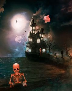 a skeleton sitting in front of a creepy house with ghost's on the water