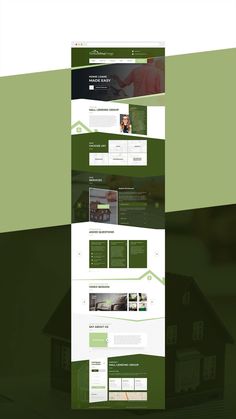 the green and white website design is displayed in three different sections, including one with a house