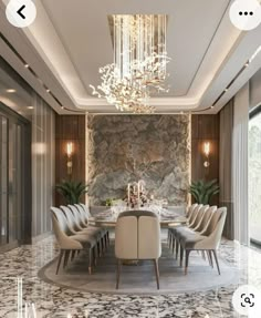 an elegant dining room with marble flooring and chandelier hanging from the ceiling