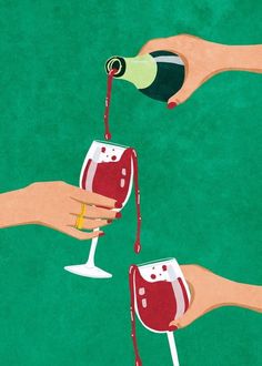 two hands holding wine glasses with red liquid pouring from the top and bottom, while another hand holds a green beverage