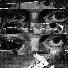 a woman's face is covered in torn paper and has her eyes wide open