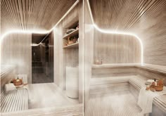 the interior of a bathroom with wooden walls and flooring is lit by led lights