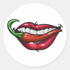 a red and green pepper with teeth sticker on a white background, which has the shape of a mouth