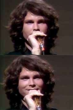 two pictures of a man with long hair holding a microphone to his mouth and looking at the camera