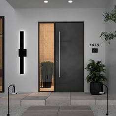 a modern entry way with black doors and plants