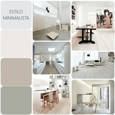 a collage of photos with white furniture and neutral colors in the background, including an open floor plan