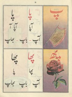 four different images of arabic calligraphy with pictures of flowers and objects in the same language