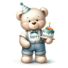 a teddy bear holding a birthday cake with the words happy birthday on it's chest