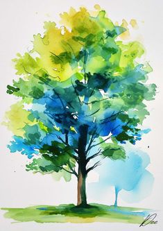 a watercolor painting of a tree with blue and green leaves