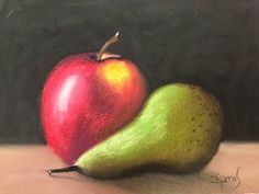 a painting of two pears and an apple