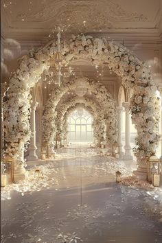 an elaborate wedding ceremony with white flowers and petals on the aisle, surrounded by candles and chandeliers