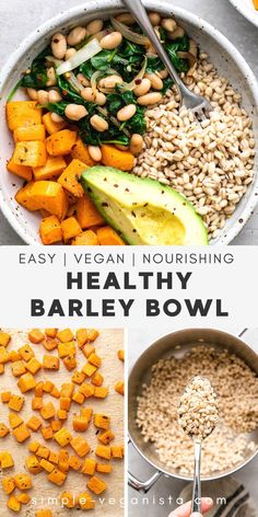 healthy barley bowl with spinach, squash and avocado