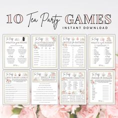 the 10 tea party games are on display with pink flowers