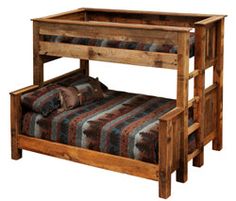 a wooden bunk bed with a striped blanket on it's bottom and two drawers underneath