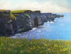 an oil painting of cliffs on the coast with grass and flowers by the water's edge