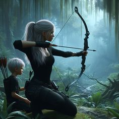 two people in the woods with bows and arrows on their backs, looking at something