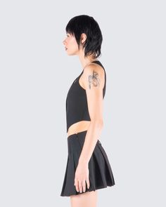 You’ll be calling all the shots in this black sleeveless cropped vest top 🖤 Crafted from stretch suiting fabric, this versatile piece will have them all aware of who’s in charge 👏 Black Elastane Tank Top For Night Out, Black Stretch Vest For Night Out, Black Crop Top Vest For Spring, Sleeveless Fitted Elastane Crop Top, Cheap Black Vest Crop Top, Black Vest Crop Top For Night Out, Black Cropped Tank Top For Night Out, Edgy Cropped Tank Top For Night Out, Black Elastane Crop Top For Spring