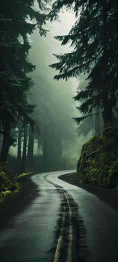 an empty road in the middle of a forest with trees on both sides and foggy skies above