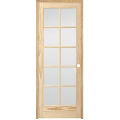 a wooden door with glass panels on the top and bottom panel, against a white background