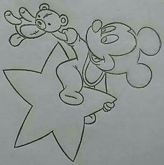 a drawing of a teddy bear riding on top of a star and holding onto a stuffed animal