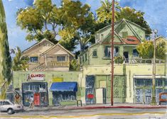 a watercolor painting of an old building with shops on the corner and cars parked in front