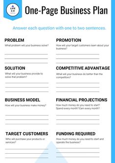 the one page business plan is shown in blue and white, with an arrow pointing to it