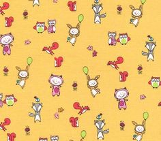 a yellow background with cartoon animals and balloons