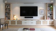 a large flat screen tv mounted to the side of a wall in a living room