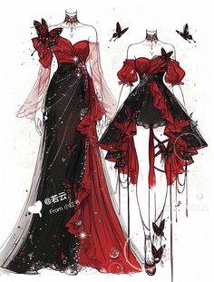 two red and black dresses with butterflies on them