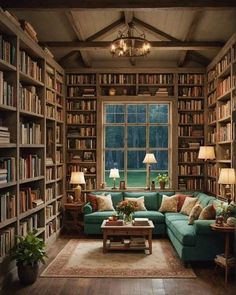 a living room filled with lots of furniture and bookshelves next to a window