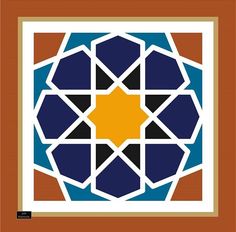 an image of a geometric design in blue, yellow and brown colors with a white border