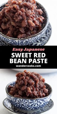 easy japanese sweet red bean paste in a blue and white bowl with text overlay