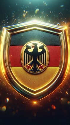 the german flag is on top of a gold shield with an eagle in the center