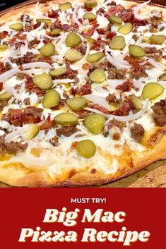 a big mac pizza with cheese and toppings on the top is shown in this advertisement