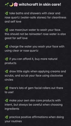 a black poster with green text on it that says, witch in skin care take baths and showers with clear and rose quartz water - safe