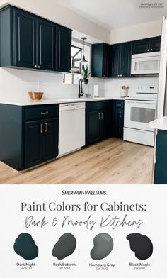 the kitchen is painted black and white with different shades of paint colors for cabinetry