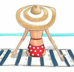 a watercolor painting of a woman sitting on a beach towel wearing a straw hat