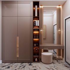 an elegant dressing room with marble flooring