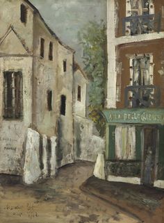 an oil painting of a street scene with buildings