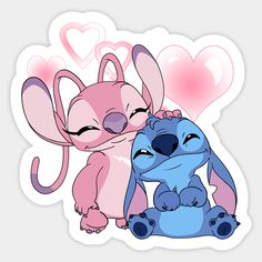 two cartoon characters hugging each other with hearts in the background, one is pink and the other is blue